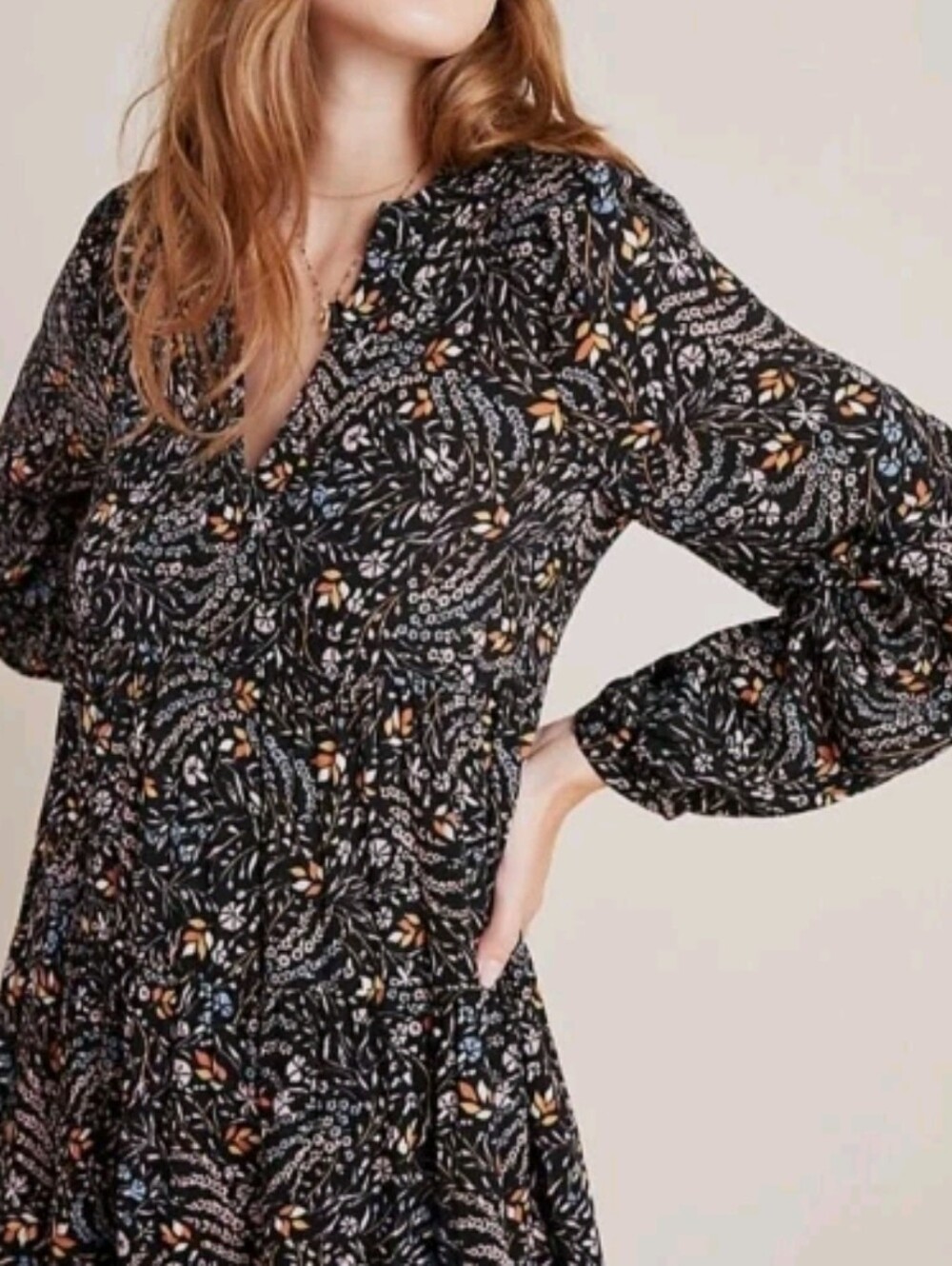 Maeve Anthropologie Black Floral Mini Dress Tiered Ruffle Womens Boho Western 2X - Picture 2 of 16